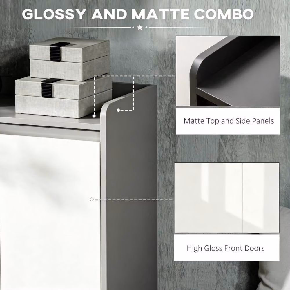 STILVORA Grey and White Modern Glossy Shoe Cabinet with Hinged Doors and Open Shelves – 6