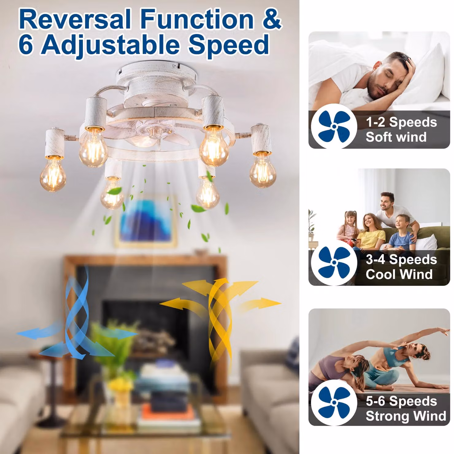 Garwarm Industrial Ceiling Fan with 6 Lights, White and Copper, Diameter: 52 cm – 2