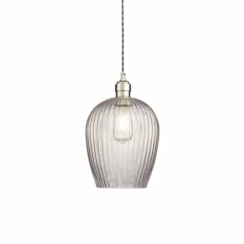 Netlighting Livorno Dome Pendant Light in Silver with Grey Transparent Ribbed Glass, Dimmable and Height Adjustable