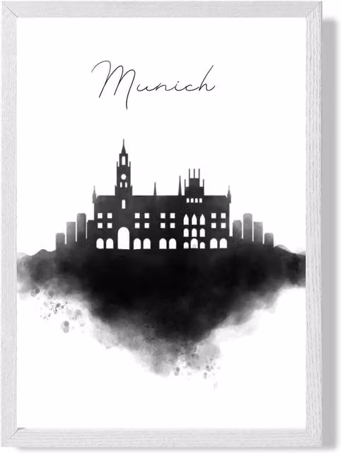 ARTZE Munich Watercolour Skyline City Framed Print, Black and White, A3
