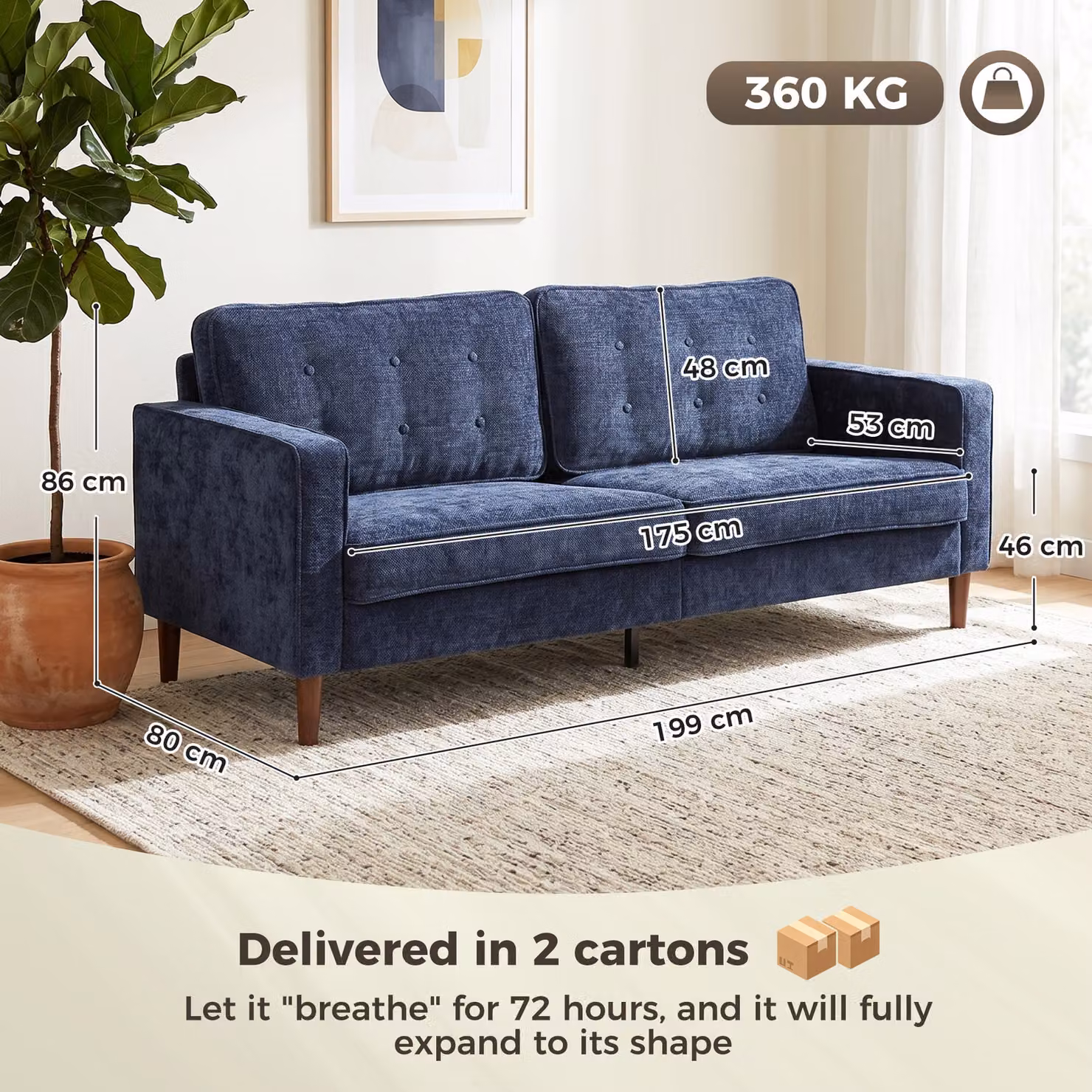 HOMCOM 3 Seater Velvet Upholstered Sofa in Blue with Wood Legs – 3