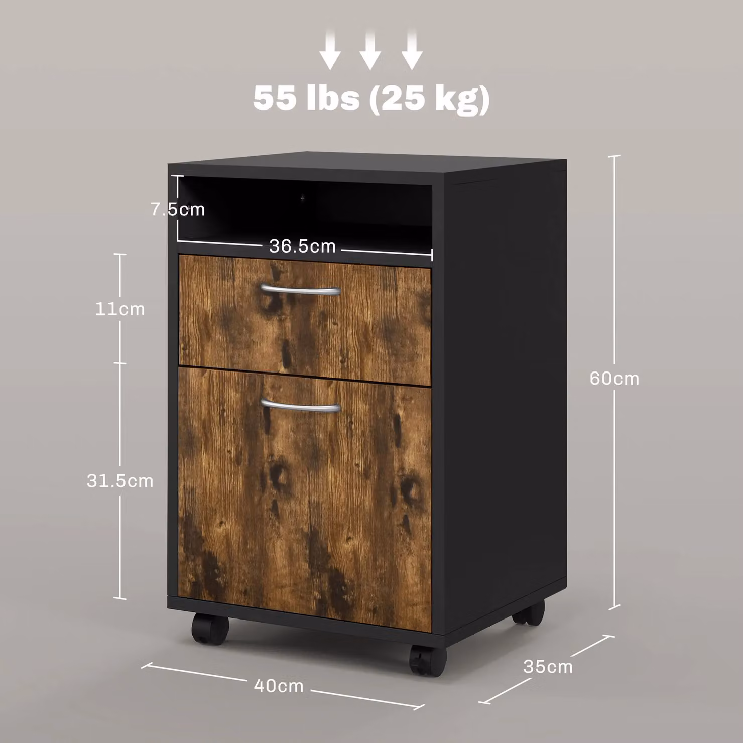 HOMCOM Rustic Brown Filing Cabinet with Drawers and Open Shelf – 3