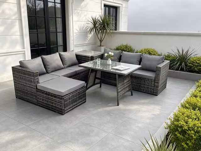 Fimous 7 Seater Rattan Garden Dining Set with Sofa, Dining Table, Footstool and Side Table in Dark Grey