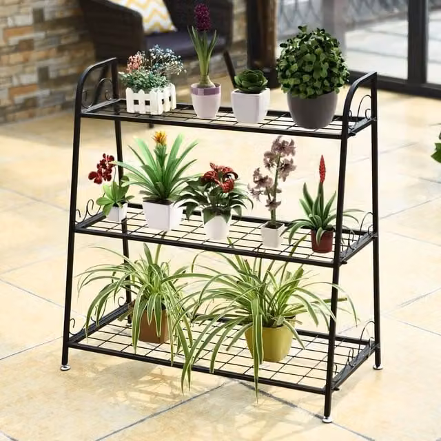 Costway 3-Tier Metal Plant Stand Shelf, Black Multifunctional Flower Rack and Pot Holder – 1