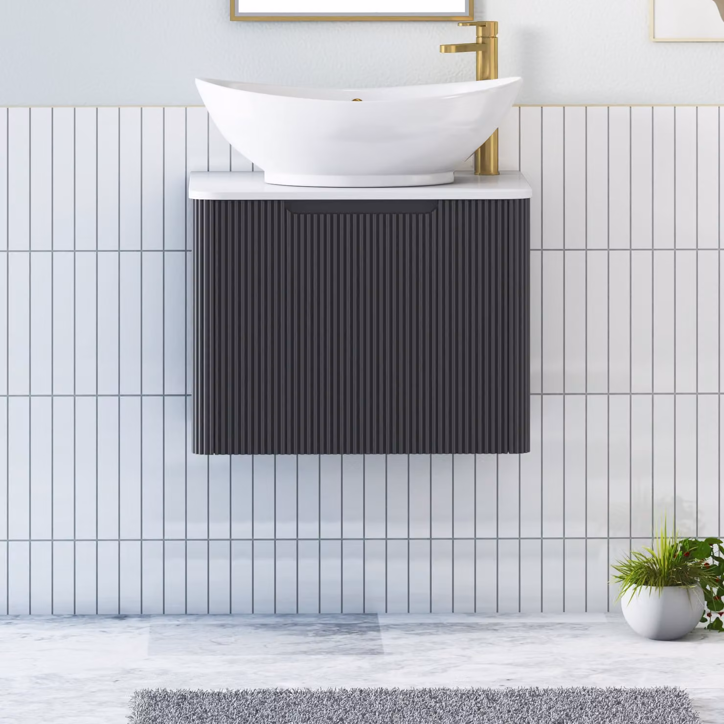 Royal Bathrooms Avenza Wall Hung Vanity Unit with Amaze Basin, Matt Obsidian Black and Plain White Worktop, Width: 60 cm
