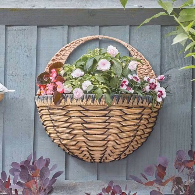 Marco Paul Brown Faux Rattan Hanging Flower Basket Planter, Diameter: 40.64 cm