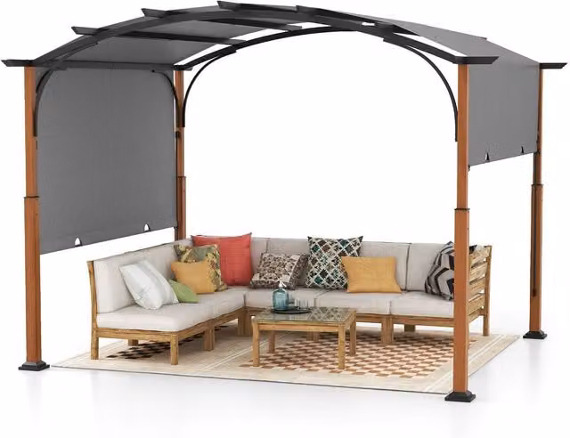 COSTWAY Large Modern Curved Garden Pergola with Sun Posts in Grey