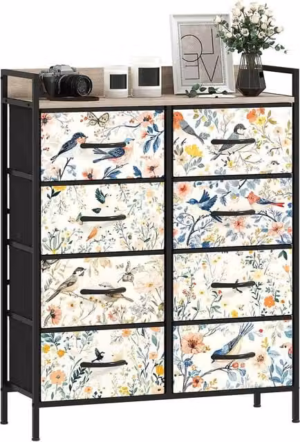 HOMCOM Modern Fabric Chest of Drawers with Open Shelf in White and Multicolour Floral Design