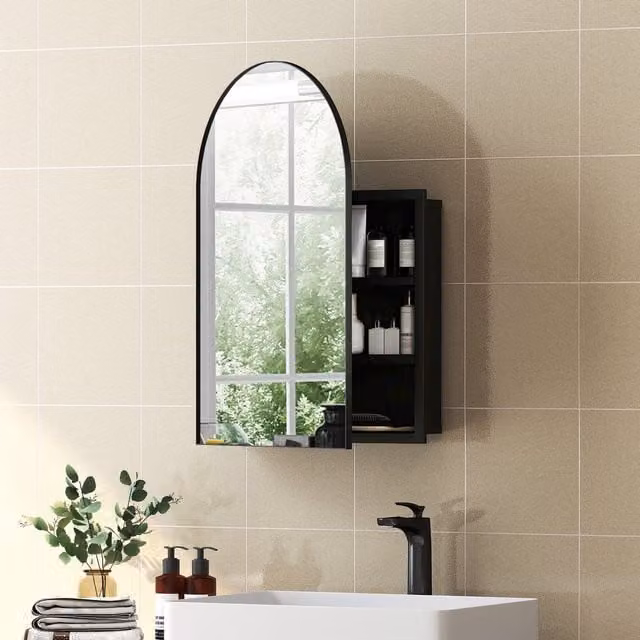 HOMCOM Modern Black Wall-Mounted Bathroom Mirror Cabinet with Glass Doors and Internal Shelves