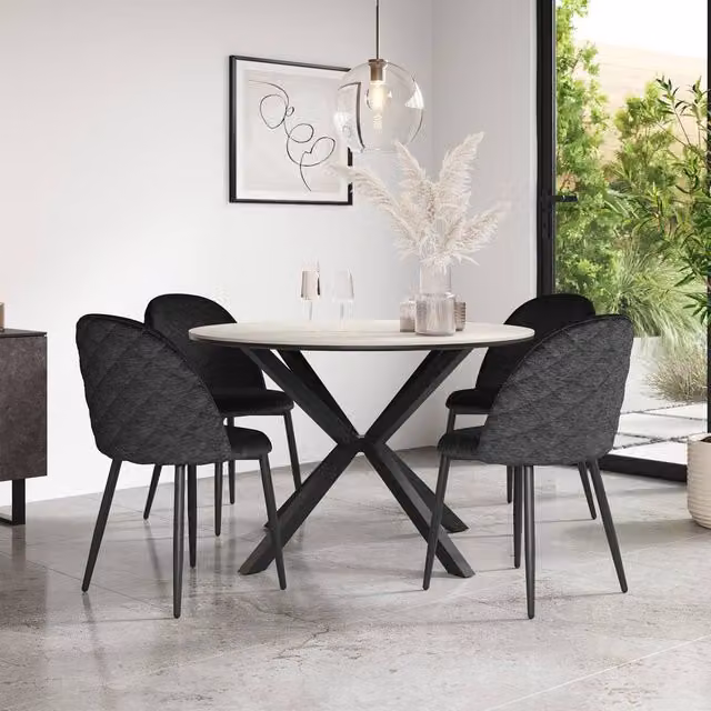 More4Homes Calne White Marble Ceramic Round Dining Table and 4 Raye Black Velvet Chairs, Diameter: 120 cm, Height: 75 cm – 1