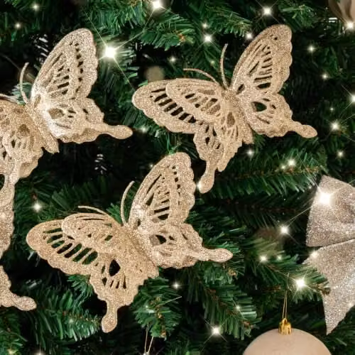 Melody Maison Set of 4 Champagne Gold Glitter Butterfly Christmas Decoration Clips – 3