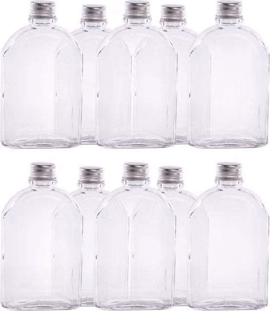 Pukkr Set of 10 Transparent Glass Flask Bottles with Screw Lids, 350ml