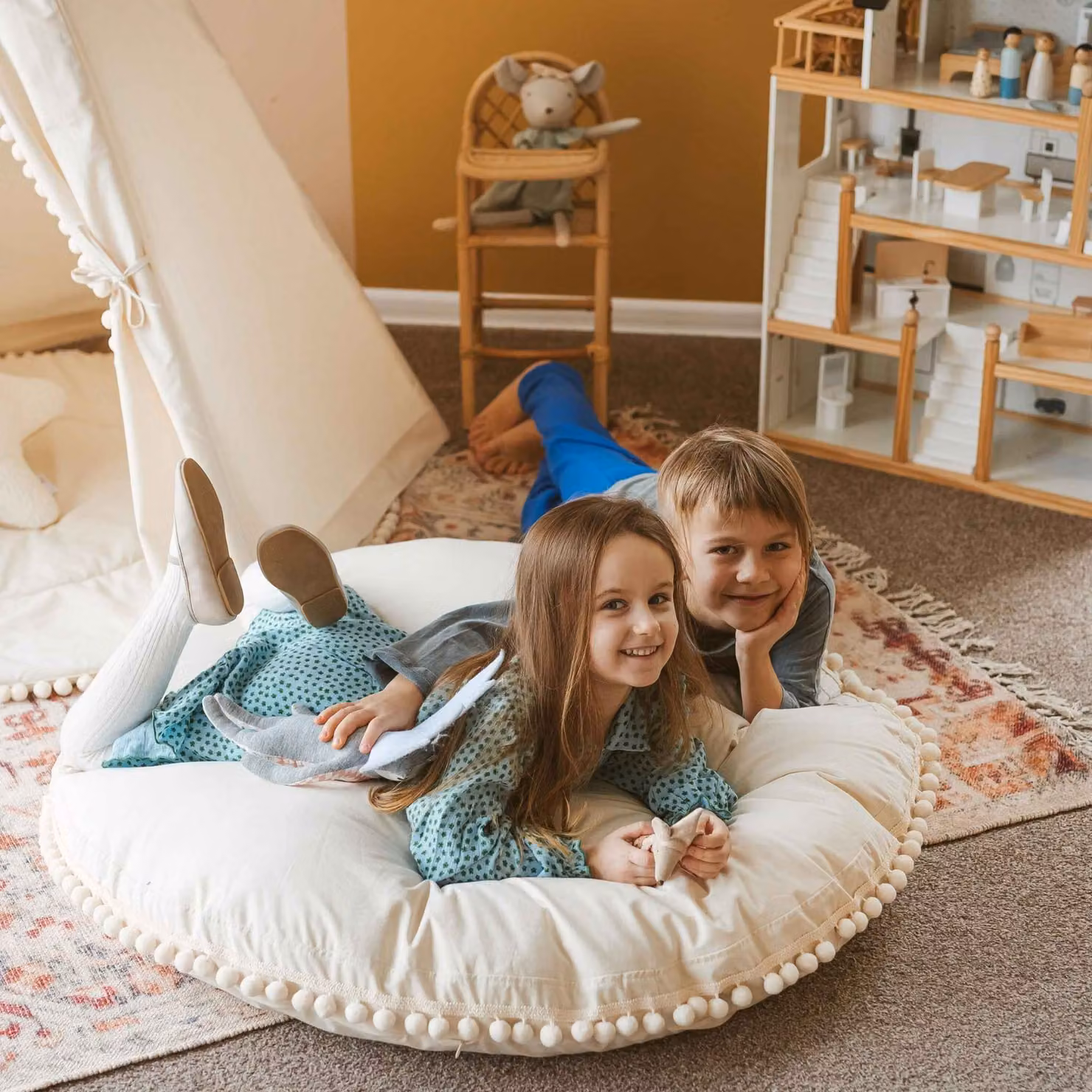 MiniCamp Pom Pom Round Floor Cushion in Beige with Removable Washable Cover – 2