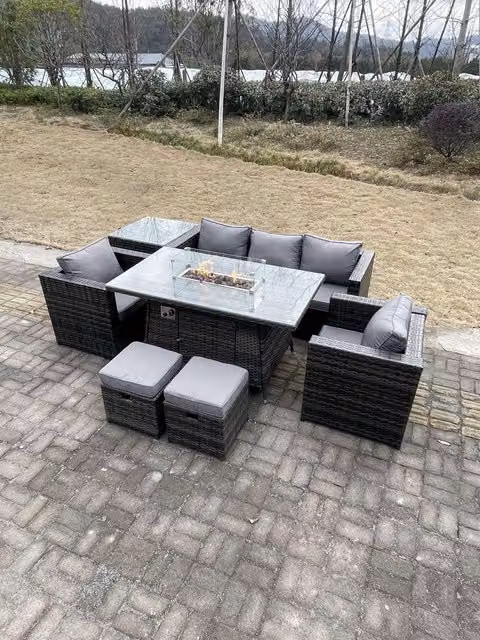 Fimous Outdoor PE Rattan Garden Furniture Set with Gas Fire Pit Dining Table, Armchairs, High Side Coffee Table and 2 Stools in Dark Grey