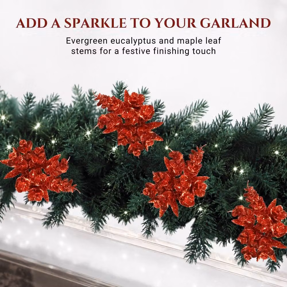 Shatchi Red Glitter Eucalyptus and Maple Leaf Pick, 12 Pack, Height: 17 cm – 5