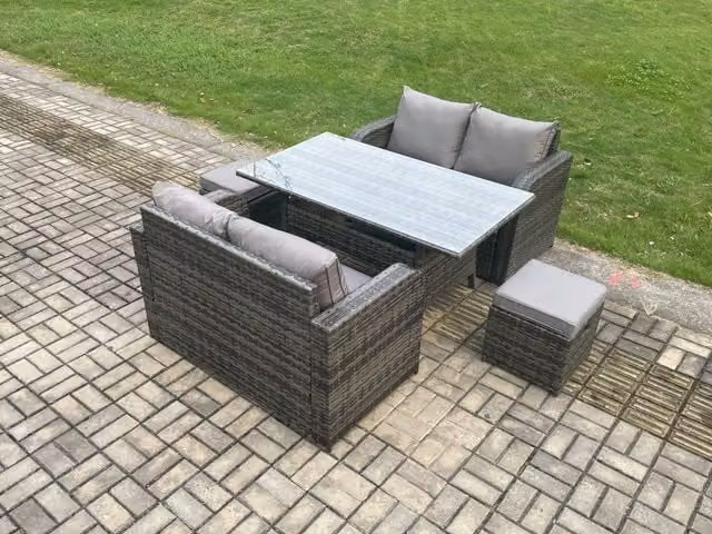 Fimous 6 Seater Rattan Garden Furniture Set with Oblong Rectangular Dining Table and 2 Small Footstools in Dark Grey Mixed