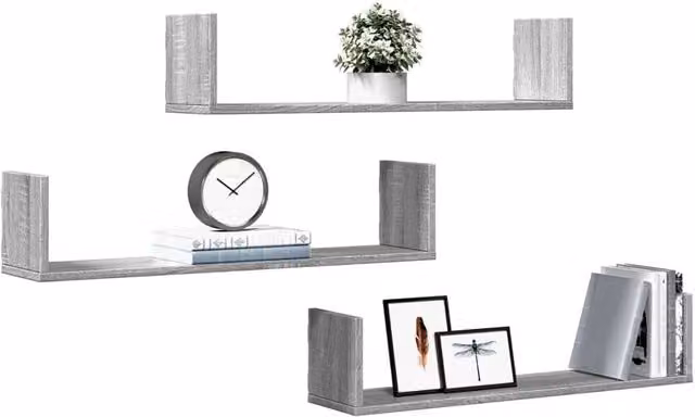 Berkfield Home Set of 3 Durable Wall Mounted Shelves in Grey Sonoma, W/D/H: 80 x 18 x 18 cm
