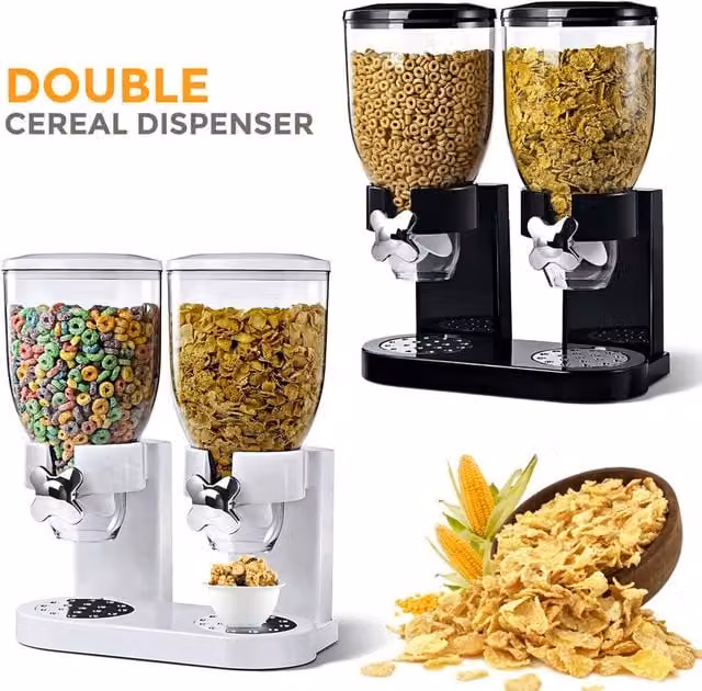 Crystals Double Cereal Dispenser Airtight Dry Food and Pasta Storage Container in Black