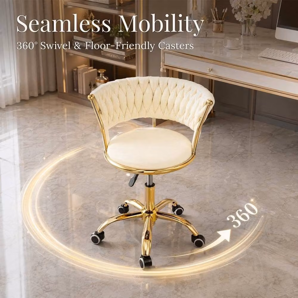 KORVIXA Modern Velvet Vanity Chair with Gold Metal Frame in Beige, W/D/H: 100 x 100 x 80 cm – 3