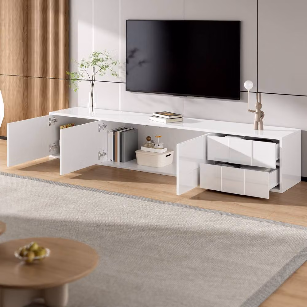 Matteo Modern White High-Gloss TV Lowboard with 3 Doors, 2 Drawers and Integrated Lighting, W/D/H: 167 x 30 x 30 cm – 2