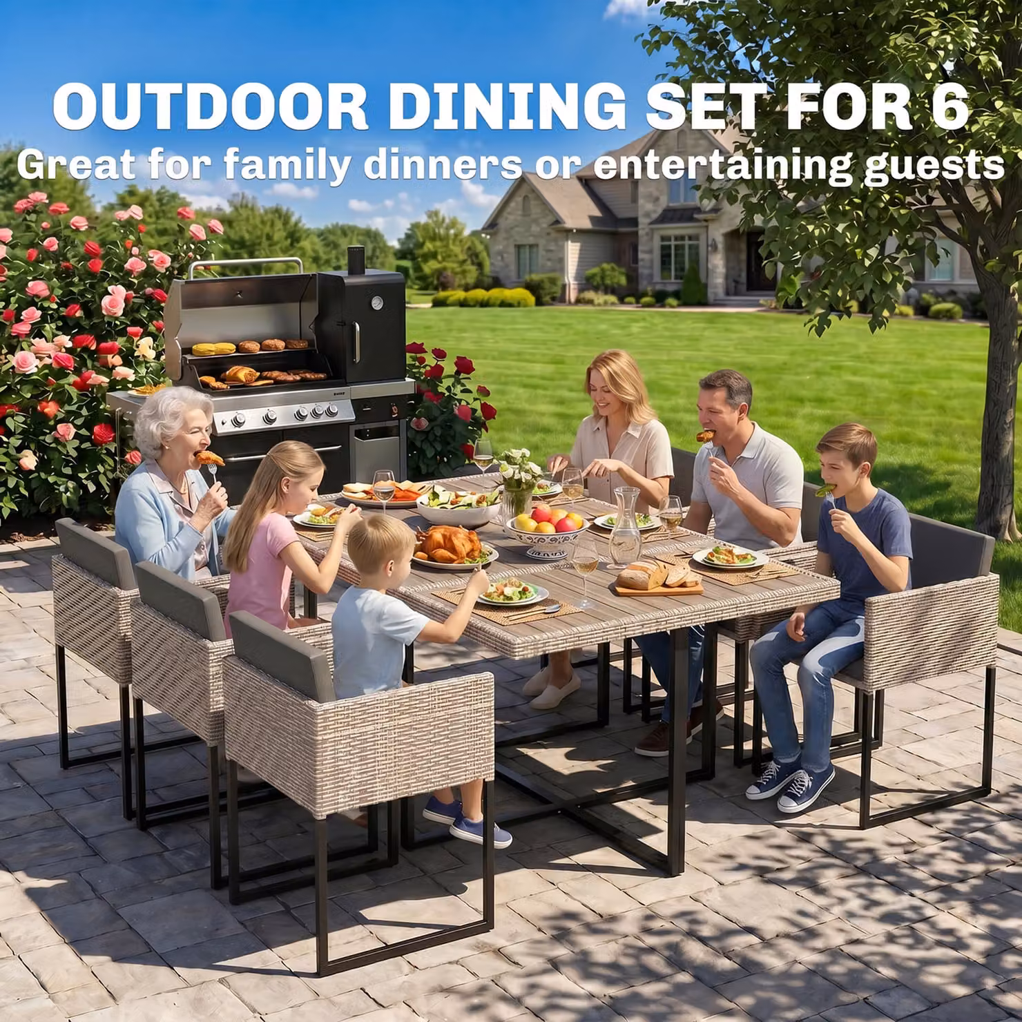 Outsunny 7 Piece Rattan Garden Dining Set with Wood-Plastic Table and 6 Chairs in Grey – 3