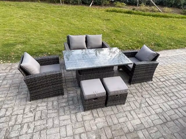 Fimous 6 Seater Rattan Outdoor Garden Dining Set with Rising Lifting Table in Dark Grey