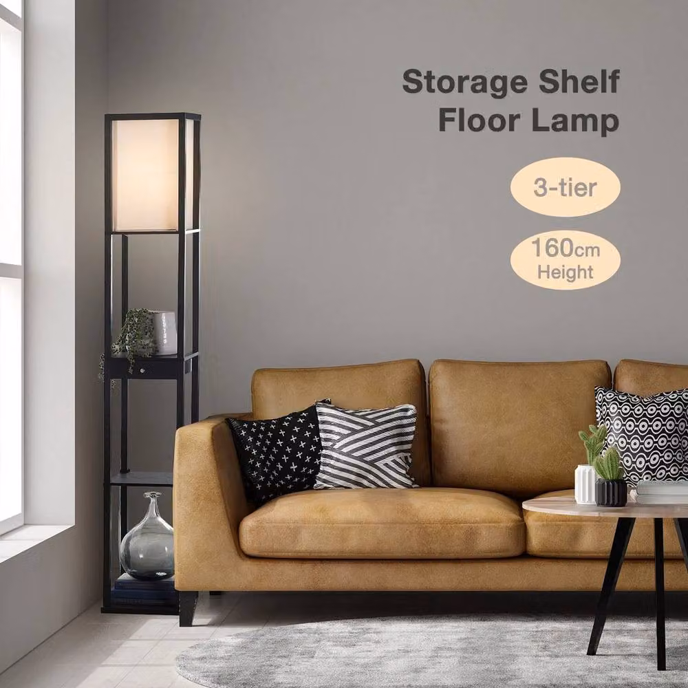 EONLION Black Modern Metal Floor Lamp with Fabric Shade and Shelf Storage – 3