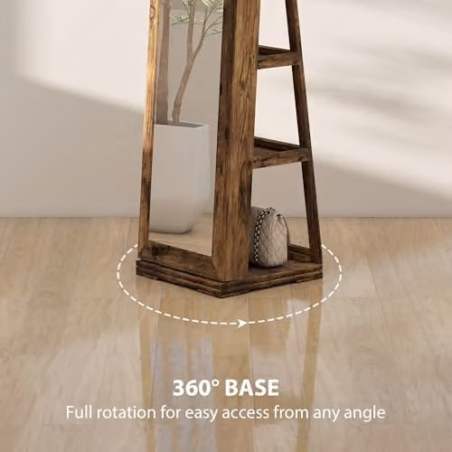 HOMCOM 360 Swivel Free Standing Jewellery Cabinet with Mirror in Rustic Brown, H 160 x W 38 x D 38 cm – 4
