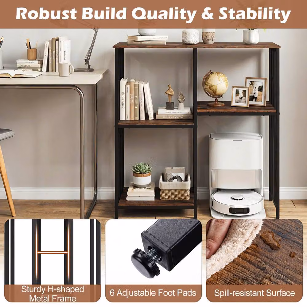 Gymax Brown Kitchen Storage Unit with 4 Shelves for Oven and Microwave Stand – 6