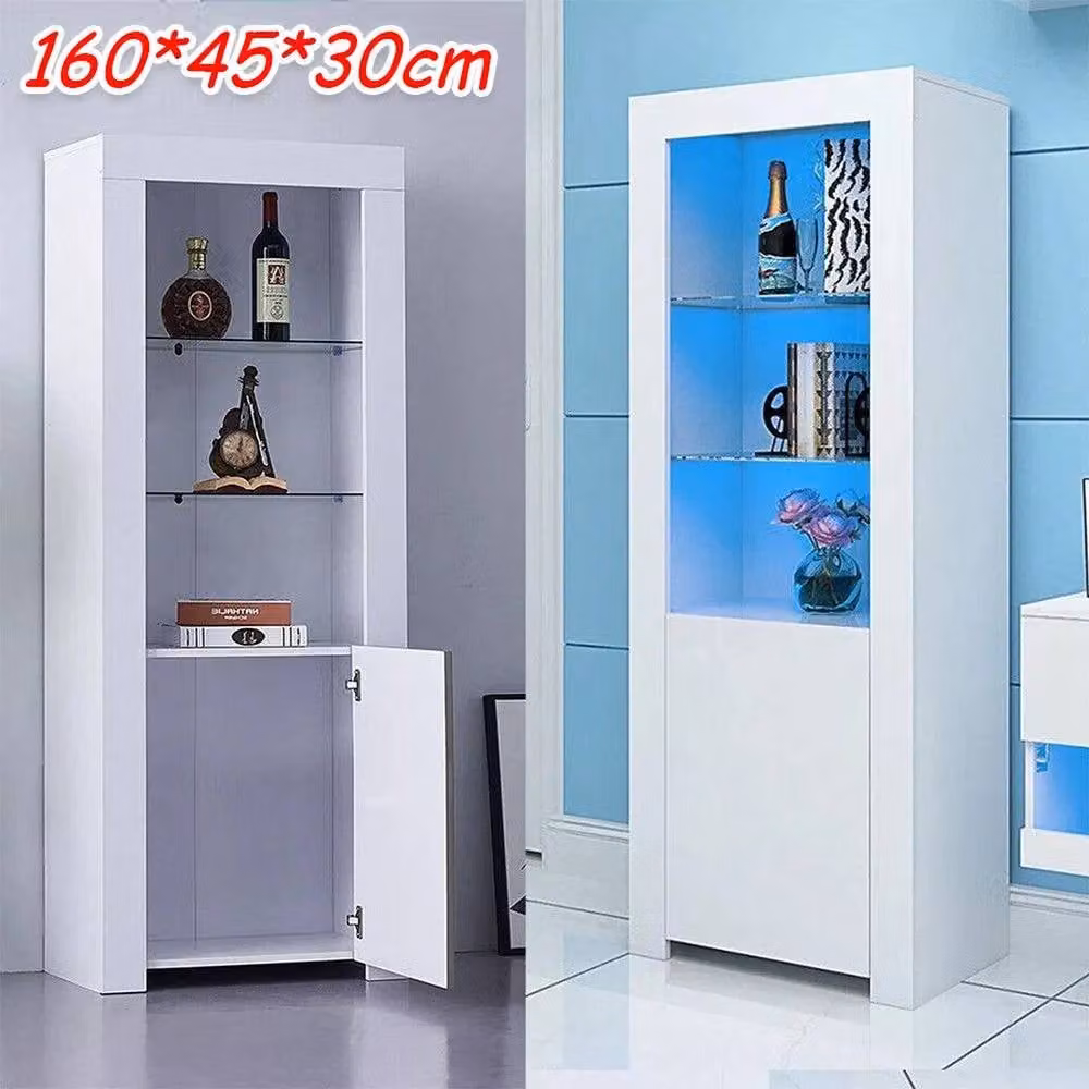 FORGEVIO Modern High Gloss White Tall Display Cabinet with Glass Doors and Integrated Lighting – 2