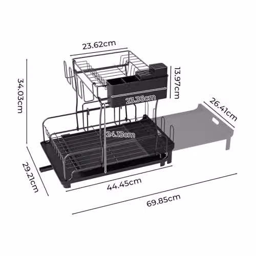 Toque 2-Tier Expandable Dish Drainer Rack in Black with Cutlery Holder and Drip Tray – 9