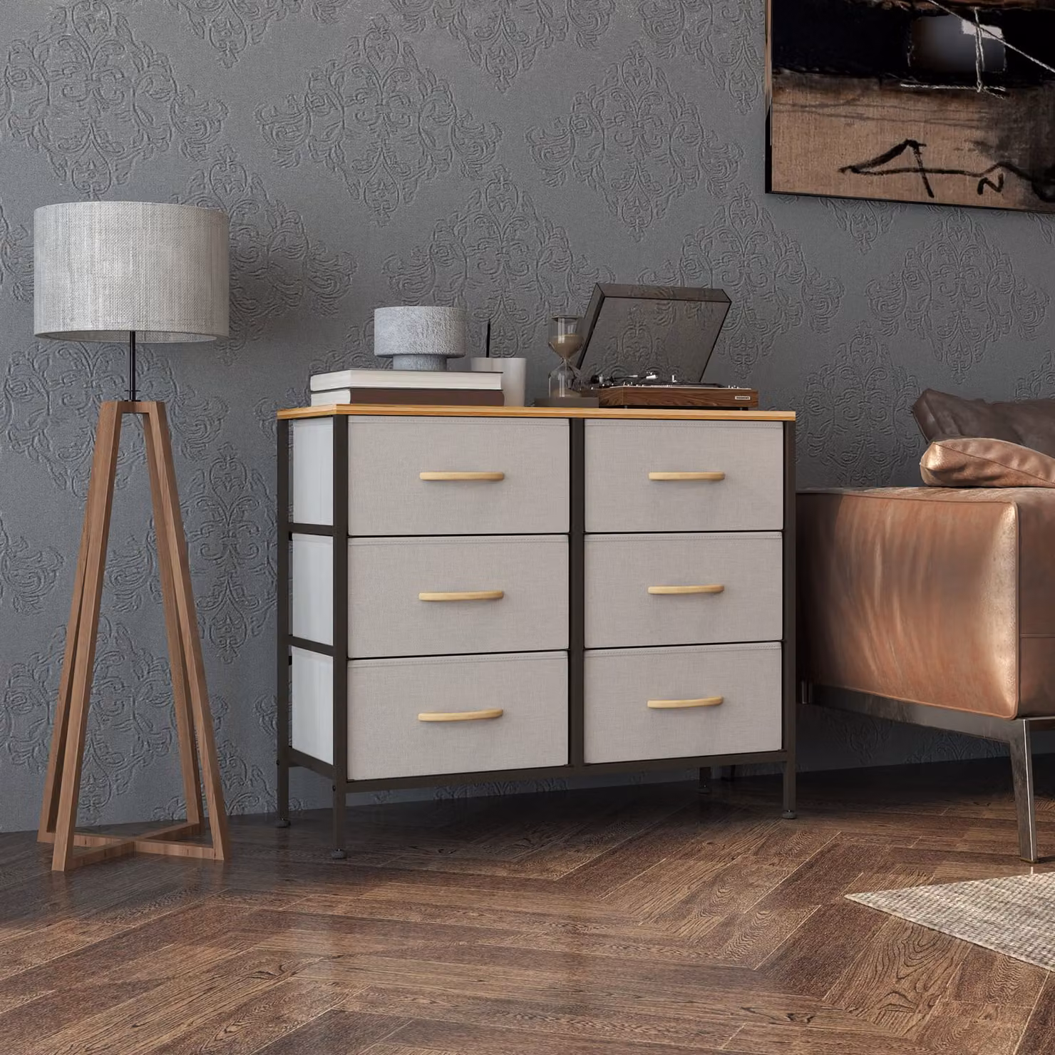 HOMCOM Industrial Fabric Chest of Drawers with 6 Drawers, Steel Frame and Wooden Top, Cream White – 7