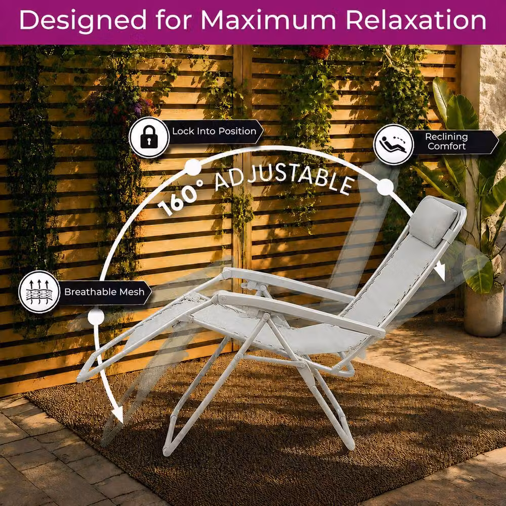 Neo Zero Gravity Recliner Garden Sun Loungers in Light Grey with Adjustable Headrest and Side Tray – 2