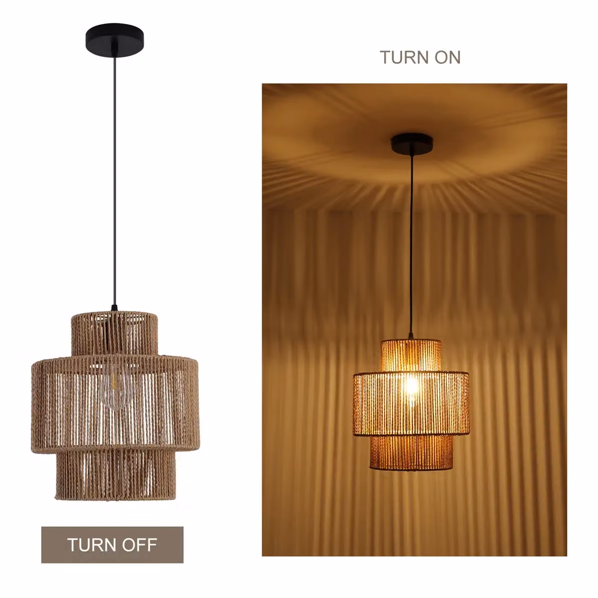Garwarm Bronze Woven Rattan Boho Farmhouse Pendant Light with Adjustable Height – 4