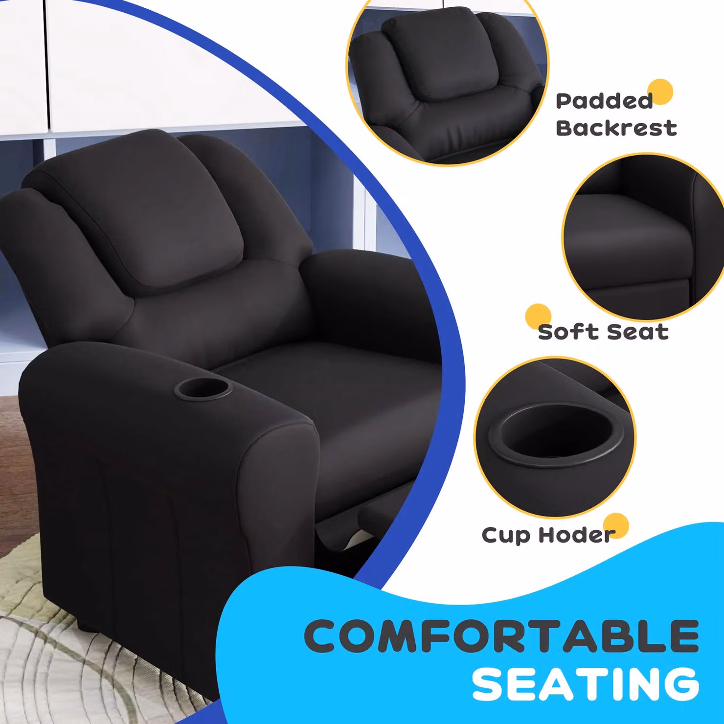 HOMCOM Kids Recliner Chair in Black with Adjustable Backrest and Footrest – 4