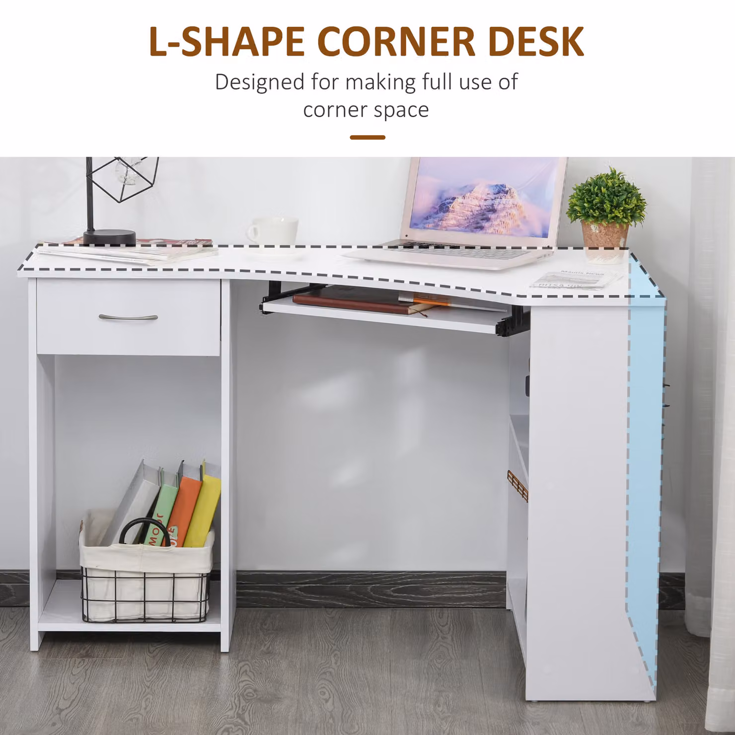 HOMCOM L-Shaped Corner Computer Desk with 2 Shelves, Keyboard Tray and CPU Stand in White – 3
