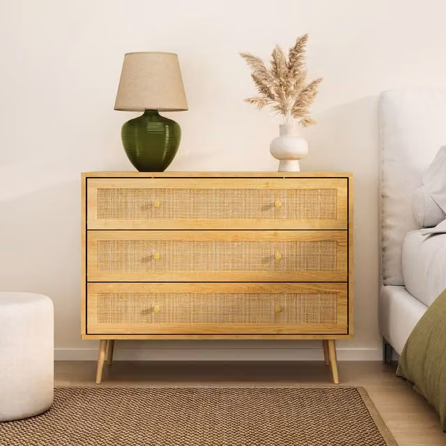 VonHaus Sienna Wide 3 Drawer Bedroom Storage Chest of Drawers with Rattan Fronts in Brown and Gold, W/D/H: 90 x 40 x 73 cm – 1