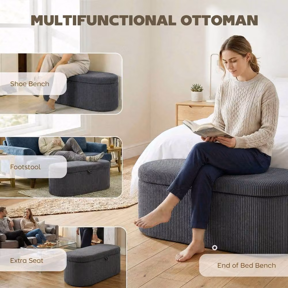 STILVORA Grey Corduroy Upholstered Storage Ottoman with Hidden Storage – 8