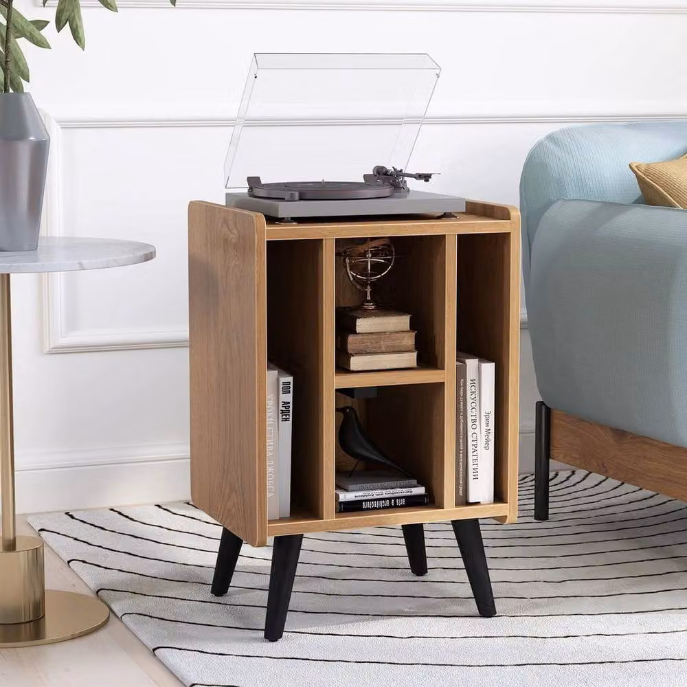 KORVIXA Modern Brown Wood Vinyl Record Storage Turntable Stand with Media Compartments, Width: 100 cm – 3