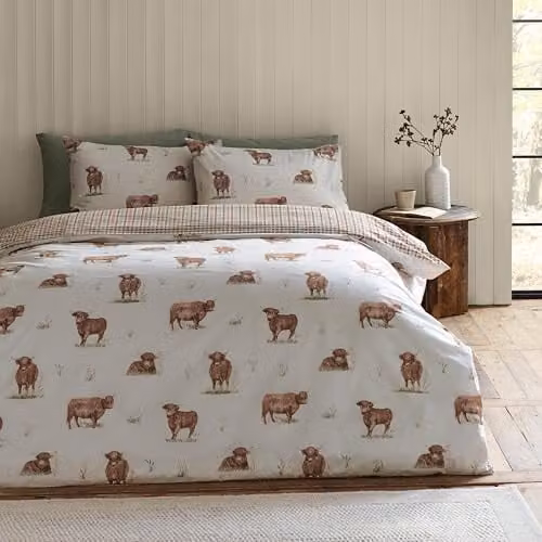 Catherine Lansfield Angus Highland Cow Reversible Single Duvet Cover and Pillowcase Set in Natural/Beige, W/D/H: 135 x 200 cm and 50 x 75 cm