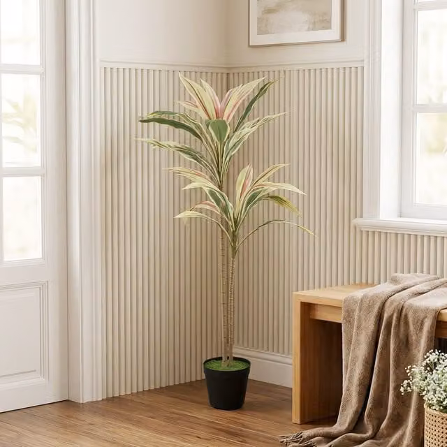 HOMCOM 90 cm Artificial Cordyline Tree in Yellow and Green Moss Effect Pot