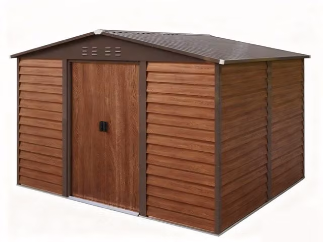 BIRCHTREE Metal Garden Shed in Brown Wood Grain Finish with Gable Roof for Outdoor Tool and Bike Storage