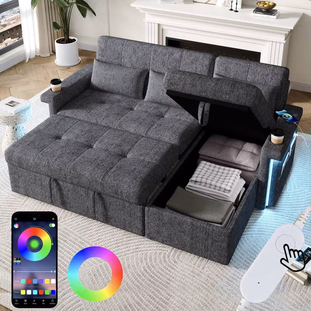 FENCHILIN Grey L-Shape Corner Pull-out Sofa Bed with LED Lighting and Adjustable Headrest – 3