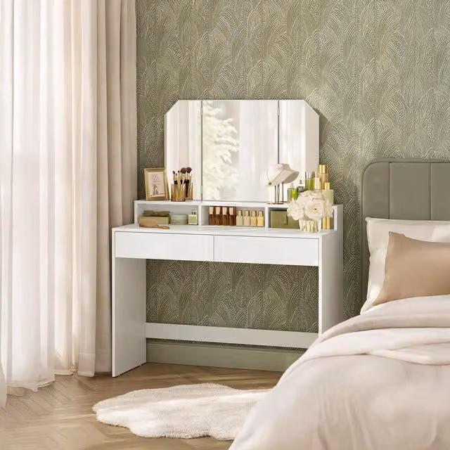 VASAGLE White Minimalist Vanity Desk with Tri-Fold Mirror