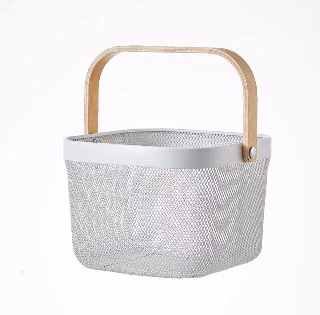 Eden & Willow White Mesh Metal Storage Basket with Wooden Handles