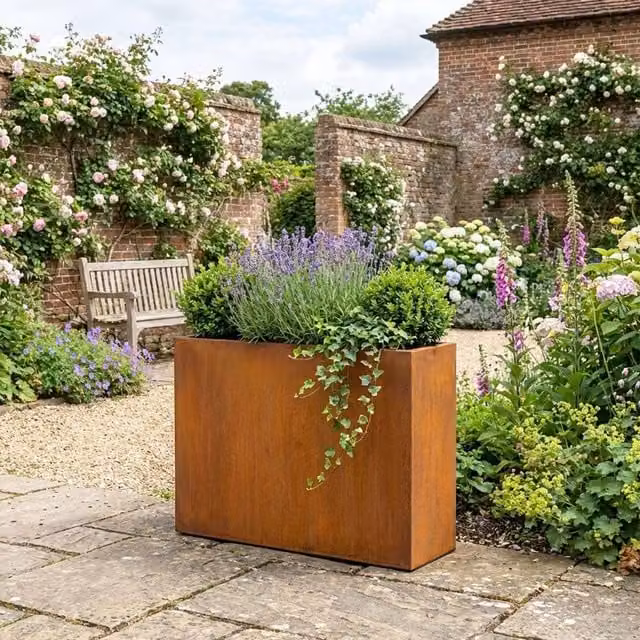 Nicoman Metal Trough Planter in Orange and Brown, Galvanised Steel, W/D/H: 90 x 30 x 82 cm