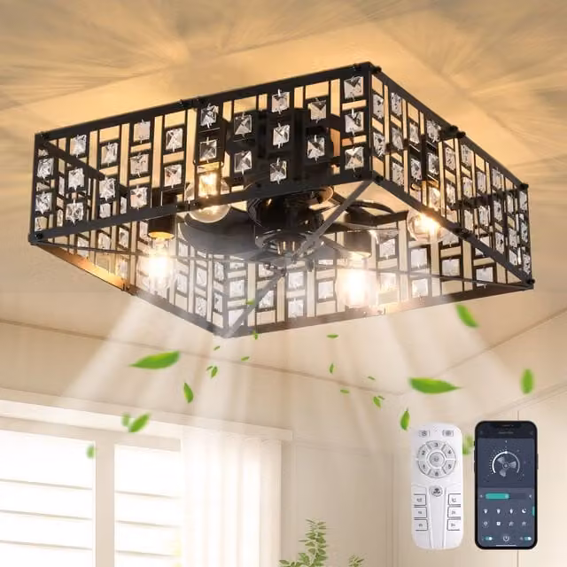 Garwarm 7-Blade Ceiling Fan with Remote Control and Light Kit, Black, Diameter: 50 cm – 1