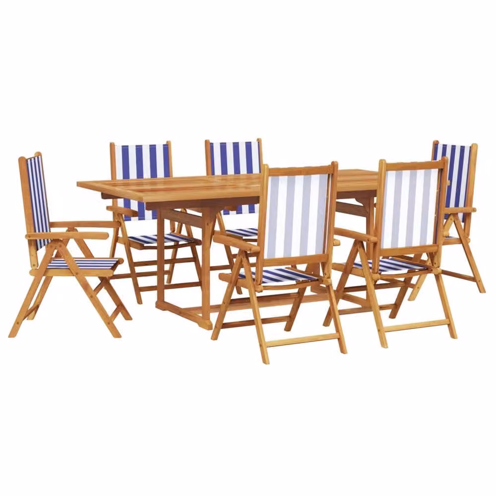 Berkfield Home 7 Piece Maritime Blue and White Striped Garden Dining Set in Acacia Wood and Rattan – 2