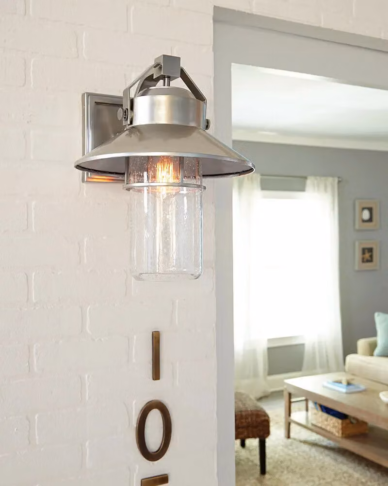 Loops Silver Brushed Steel Outdoor IP44 Wall Lantern with Transparent Glass and E27 LED Bulb, H: 39.0 cm, W: 36.5 cm, D: 36.5 cm – 2