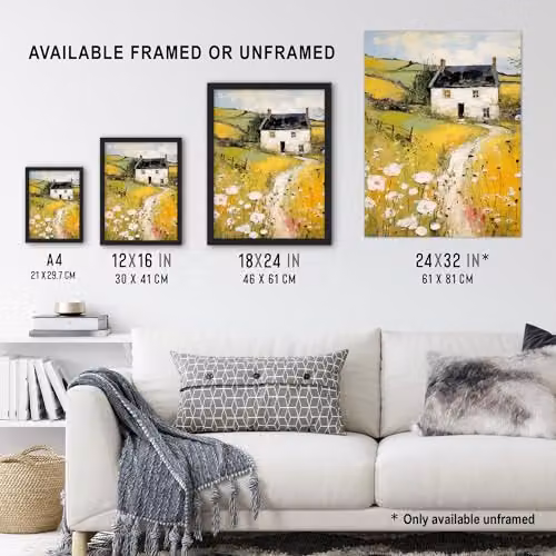 Artery8 Welsh Countryside Cottage Rolling Hills and Wildflowers Framed Oil Painting Art Print, Multicolour, W/H: 30.48 x 40.64 cm – 3